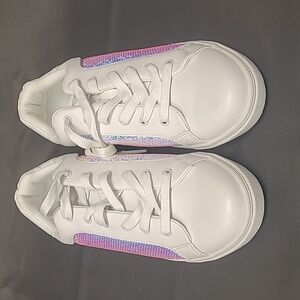 Feversole Women's Sequin Lace Up Shoe, White w/ Colorful Sequins on Side, Size 8